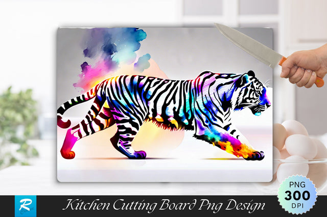 Tiger With Neon Light And Fire Background Cutting Board Sublimation Regulrcrative 