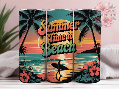 Time To Beach Summer 20oz Tumbler, Summer And Time To Beach Phrase, Retro Tropical Sunset Scene, Vibrant Beach Illustration, Sublimation Tumbler Wrap, 20oz Tumbler, Fun Summer Gift Sublimation Li Zamperini 