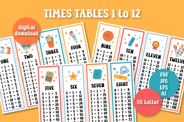 Times Tables 1 to 12 Printable Multiplication Chart PDF | Math for Kids | Multiplication Bookmarks Design for Cutting | Digital Download Sublimation AnnaViolet_store 