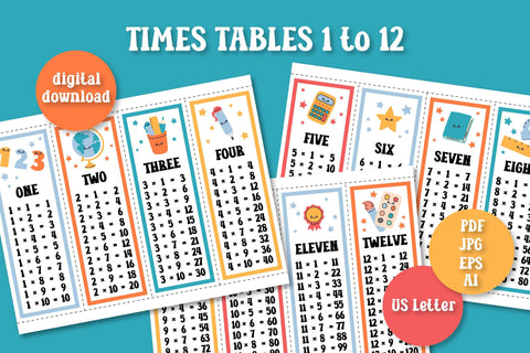 Times Tables Printable | Multiplication Chart PDF | Math for Kids | Multiplication 1 to 12 Bookmarks Design for Cutting | Digital Download Sublimation AnnaViolet_store 