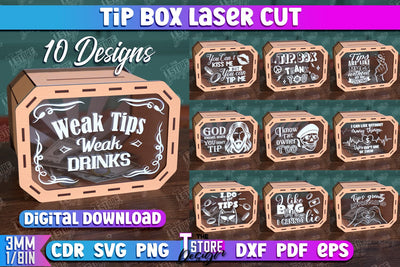 Tip Box Laser Cut Bundle | Money Box Template | Coin Box | Tip Box Inscription | CNC File SVG The T Store Design 