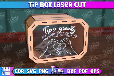 Tip Box Laser Cut | Money Box Template | Coin Box | Tip Box Inscription | CNC File SVG The T Store Design 