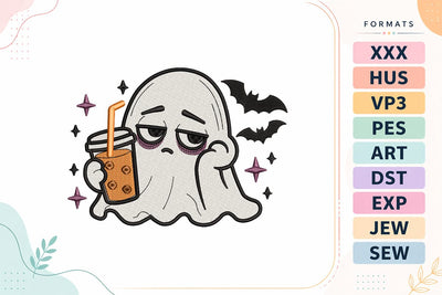 Tired Ghost Coffee Embroidery Design | Cute Halloween Ghost Embroidery/Applique DESIGNS sg embroidery 