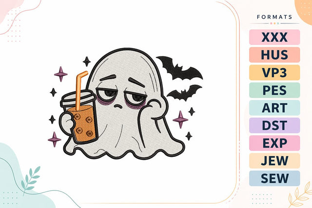 Tired Ghost Coffee Embroidery Design | Cute Halloween Ghost Embroidery/Applique DESIGNS sg embroidery 