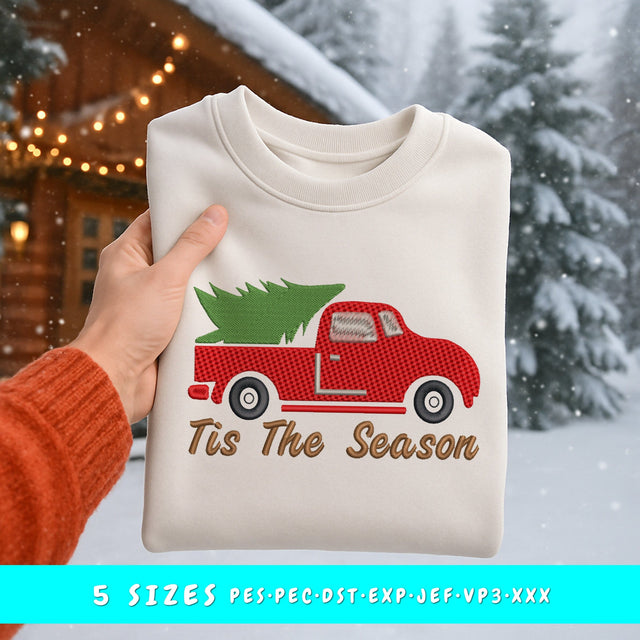 Tis The Season Embroidery Design, Christmas Truck with Tree, Holiday Machine Embroidery Pattern PES DST EXP Jef VP3 Embroidery/Applique DESIGNS HappyDesignStudio 
