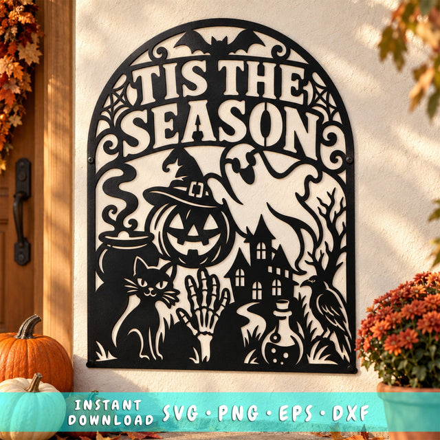 Tis the Season Halloween Laser SVG | Spooky Witch Pumpkin Sign | Haunted House Ghost DXF | Halloween Metal Wall Art | Plasma CNC Cut File SVG HappyDesignStudio 