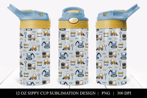 Toddler Boy Cup Wrap, Construction Theme Sippy Cup Design Sublimation BijouBay 