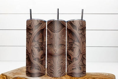 Tooled leather 3d tumbler designs /Cat tumbler wrap / brown Sublimation Angelina Semenova 