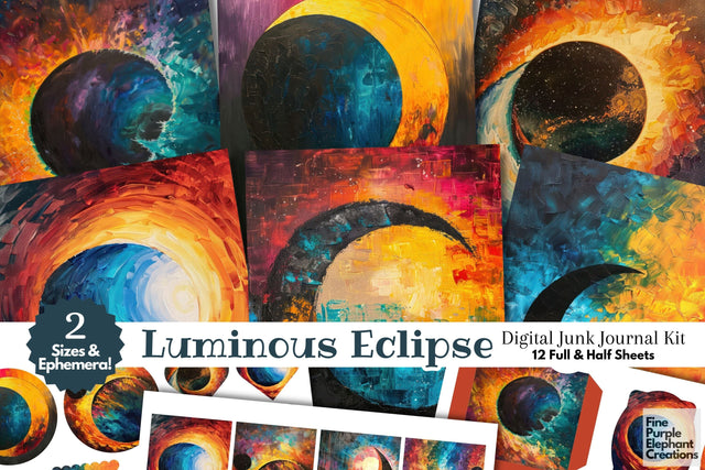 Total Solar Eclipse Digital Junk Journal Kit Half Pages | Cosmic Celestial Event Digital Pattern Fine Purple Elephant Creations 