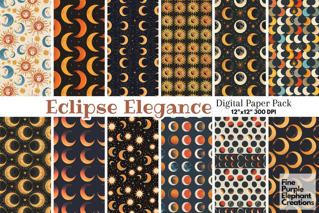 Total Solar Eclipse Digital Paper | Cosmic Celestial Event Digital Pattern Fine Purple Elephant Creations 