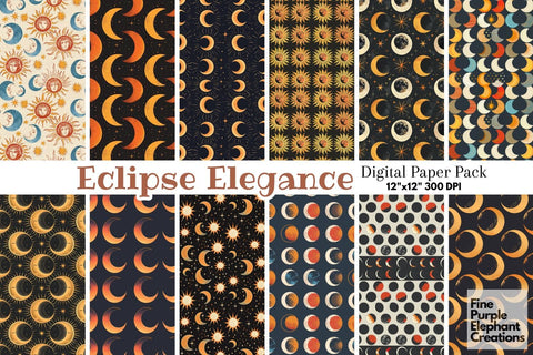 Total Solar Eclipse Digital Paper | Cosmic Celestial Event Digital Pattern Fine Purple Elephant Creations 