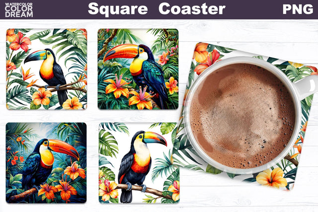 Toucan Square Coaster | Tropical Bird Coaster Sublimation WatercolorColorDream 