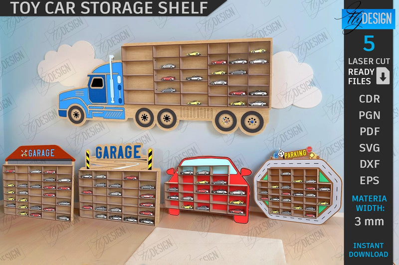 Toy Car Storage Shelves Laser Cut Bundle | Kids Shelf | Nursery Décor | Wall Décor | Home Decor | Kids Laser | Wall Hanging Shelf | Home Décor | Collection of Cars | Truck SVG | CNC Files SVG Fly Design 