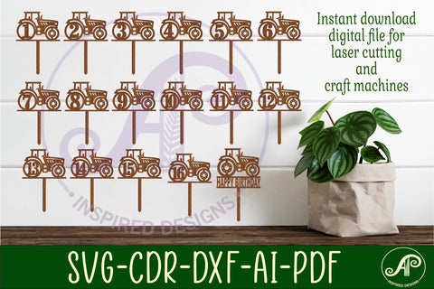 Tractor number cake toppers, 17 designs SVG laser cut SVG APInspireddesigns 