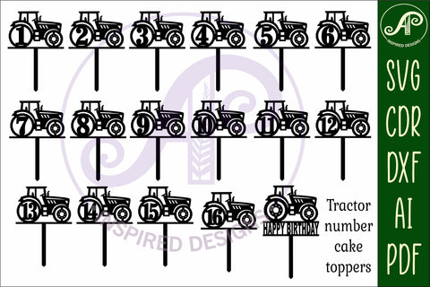 Tractor number cake toppers, 17 designs SVG laser cut SVG APInspireddesigns 