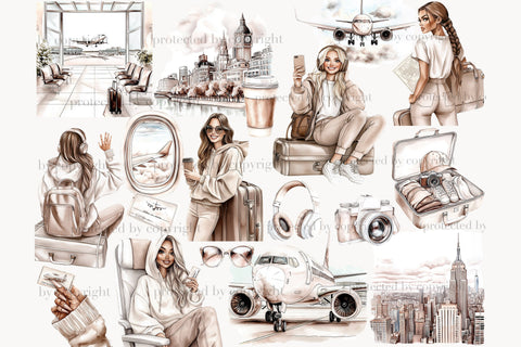 Travel Clipart | Vacation Clipart | Airplane Clipart Digital Pattern GlamArtZhanna 