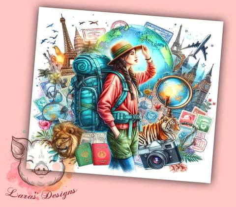 Travel Girl Around the World 20oz Tumbler Png, Straight & Tapered Tumbler Png, Girls Trip Tour Tumbler Png, Digital Download PNG Sublimation Lara' s Designs 