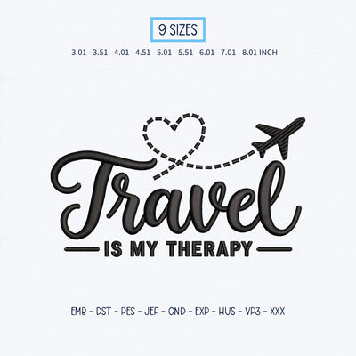 Travel Is My Therapy Embroidery Design – Airplane Heart Flight Path Wanderlust Travel Lover Machine Embroidery File Embroidery/Applique DESIGNS PatternFeed8 