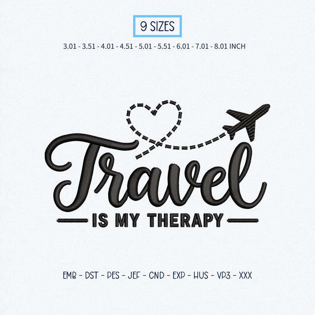 Travel Is My Therapy Embroidery Design – Airplane Heart Flight Path Wanderlust Travel Lover Machine Embroidery File Embroidery/Applique DESIGNS PatternFeed8 