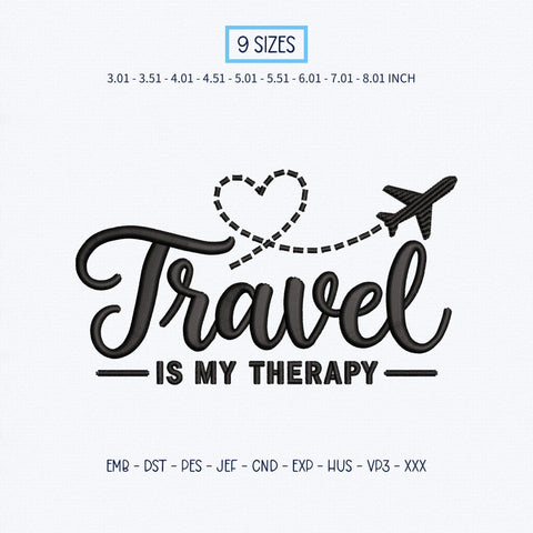 Travel Is My Therapy Embroidery Design – Airplane Heart Flight Path Wanderlust Travel Lover Machine Embroidery File Embroidery/Applique DESIGNS PatternFeed8 