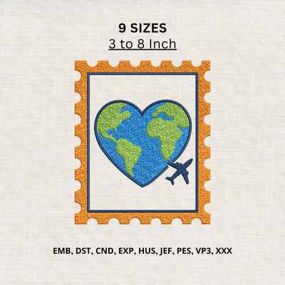 Travel Love World Heart Machine Embroidery Design – Airplane Globe Postage Stamp Embroidery File Embroidery/Applique DESIGNS PatternFeed8 