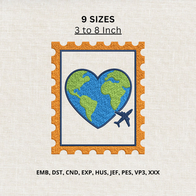 Travel Love World Heart Machine Embroidery Design – Airplane Globe Postage Stamp Embroidery File Embroidery/Applique DESIGNS PatternFeed8 
