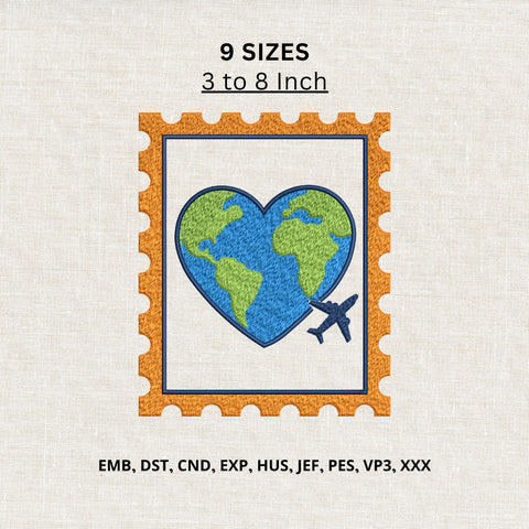 Travel Love World Heart Machine Embroidery Design – Airplane Globe Postage Stamp Embroidery File Embroidery/Applique DESIGNS PatternFeed8 