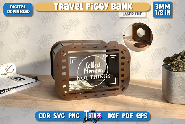 Travel Piggy Bank Laser Cut | Ticket Memory Box | Vacation Money Box | Concert Tickets | CNC File SVG The T Store Design 