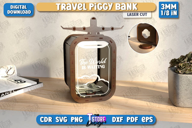 Travel Piggy Bank Laser Cut | Ticket Memory Box | Vacation Money Box | Concert Tickets | CNC File SVG The T Store Design 