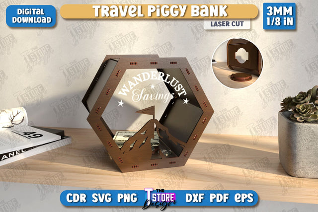 Travel Piggy Bank Laser Cut | Ticket Memory Box | Vacation Money Box | Concert Tickets | CNC File SVG The T Store Design 