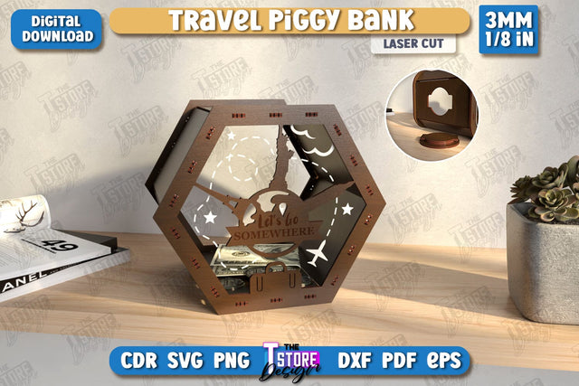 Travel Piggy Bank Laser Cut | Ticket Memory Box | Vacation Money Box | Concert Tickets | CNC File SVG The T Store Design 