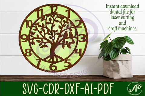 Tree with birds clock wall clock laser cut files SVG APInspireddesigns 