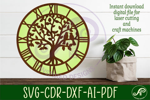 Tree with birds clock wall clock laser cut files SVG APInspireddesigns 
