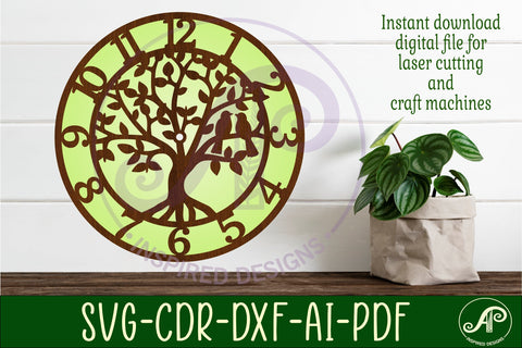 Tree with birds clock wall clock laser cut files SVG APInspireddesigns 