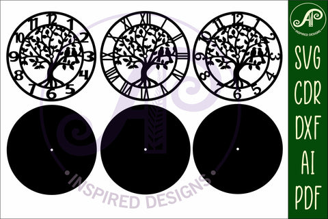 Tree with birds clock wall clock laser cut files SVG APInspireddesigns 