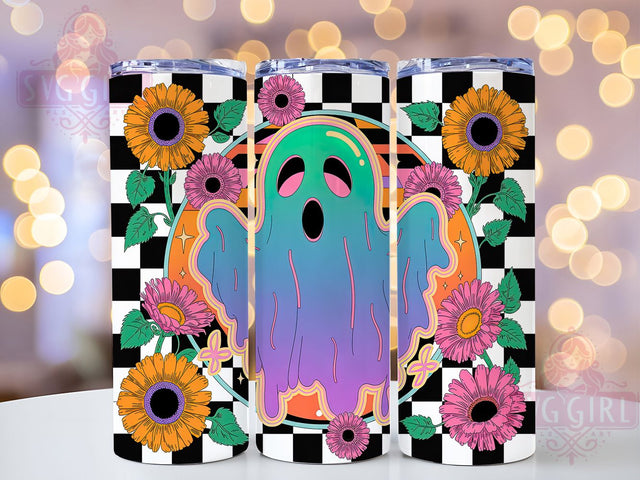 Trendy Neon Retro Ghost Tumbler, Floral Retro Ghost Cup, Spooky Boo Wrap, 20Oz Sublimation Design, Bright Halloween Mug, Neon Ghost Drinkware, Retro Spooky Tumbler Sublimation SvggirlplusArt 