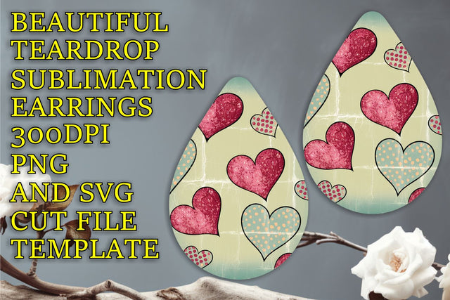Trendy teardrop earrings sublimation template, quality PNG, Heart Sublimation HoodArtCraft 