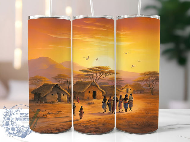 Tribal African Village Tumbler, Tribal Village Pattern, African Culture Design, 20Oz Sublimation Wrap, Village Landscape Art, Afrocentric Texture, Tumbler Sublimation Sublimation ToriDesigns 