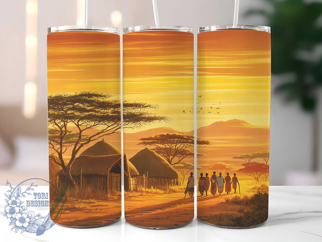 Tribal African Village Tumbler, Tribal Village Pattern, African Culture Design, 20Oz Sublimation Wrap, Village Landscape Art, Afrocentric Texture, Tumbler Sublimation Sublimation ToriDesigns 