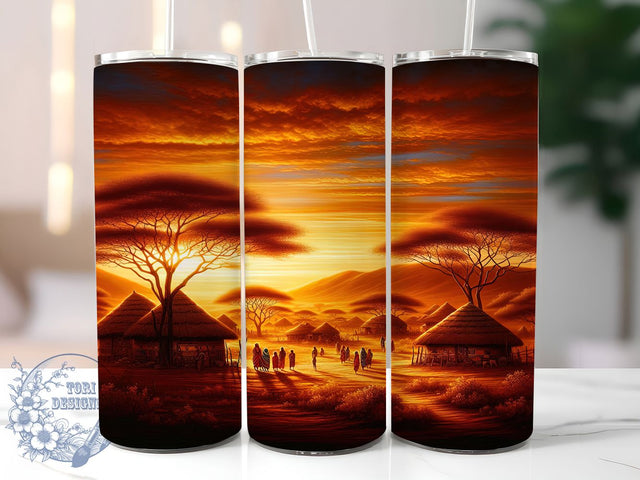 Tribal African Village Tumbler, Tribal Village Pattern, African Culture Design, 20Oz Sublimation Wrap, Village Landscape Art, Afrocentric Texture, Tumbler Sublimation Sublimation ToriDesigns 