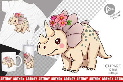 Triceratops with Flowers Clipart Sublimation artnoy 