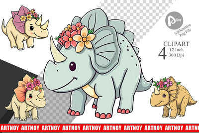 Triceratops with Flowers Clipart Sublimation artnoy 