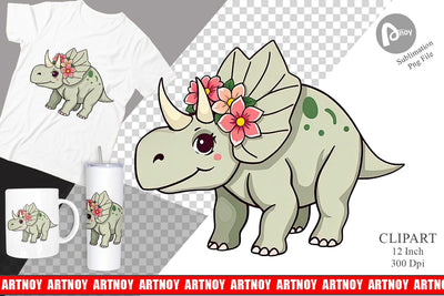 Triceratops with Flowers Clipart Sublimation artnoy 