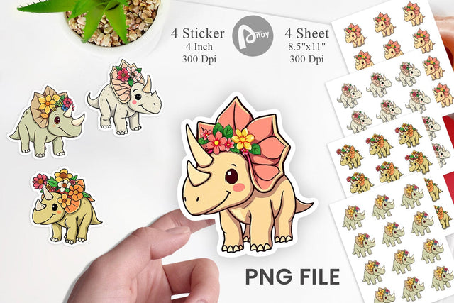 Triceratops with Flowers Sticker Sublimation artnoy 