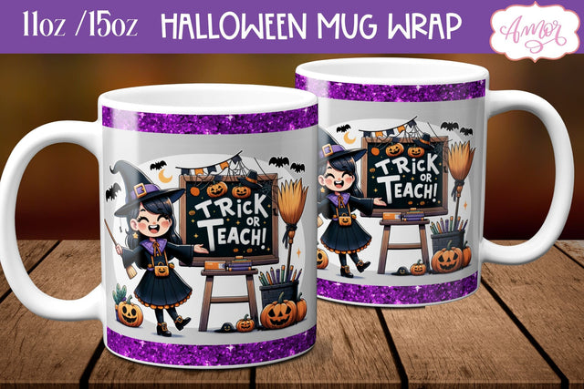 Trick or teach mug wrap PNG | Teacher Halloween mug design Sublimation Amorclipart 