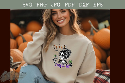 Trick or Tequila Halloween Shirt Design | Funny Tequila Drinking Girl with Limes and Shot Glass | Digital Download SVG EPS DXF PDFPNG JPG SVG Willow Paige Farms 