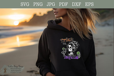 Trick or Tequila Halloween Shirt Design | Funny Tequila Drinking Girl with Limes and Shot Glass | Digital Download SVG EPS DXF PDFPNG JPG SVG Willow Paige Farms 
