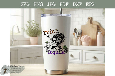 Trick or Tequila Halloween Shirt Design | Funny Tequila Drinking Girl with Limes and Shot Glass | Digital Download SVG EPS DXF PDFPNG JPG SVG Willow Paige Farms 