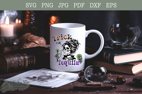 Trick or Tequila Halloween Shirt Design | Funny Tequila Drinking Girl with Limes and Shot Glass | Digital Download SVG EPS DXF PDFPNG JPG SVG Willow Paige Farms 