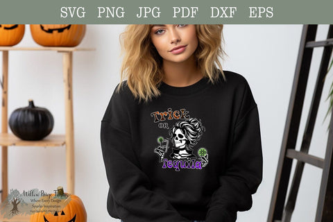 Trick or Tequila Halloween Shirt Design | Funny Tequila Drinking Girl with Limes and Shot Glass | Digital Download SVG EPS DXF PDFPNG JPG SVG Willow Paige Farms 